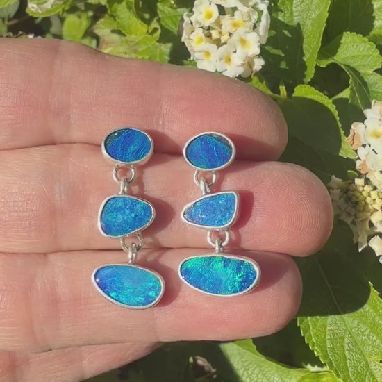 Australian Opal Earrings In Sterling Silver, Blue Stone Dangle Earrings