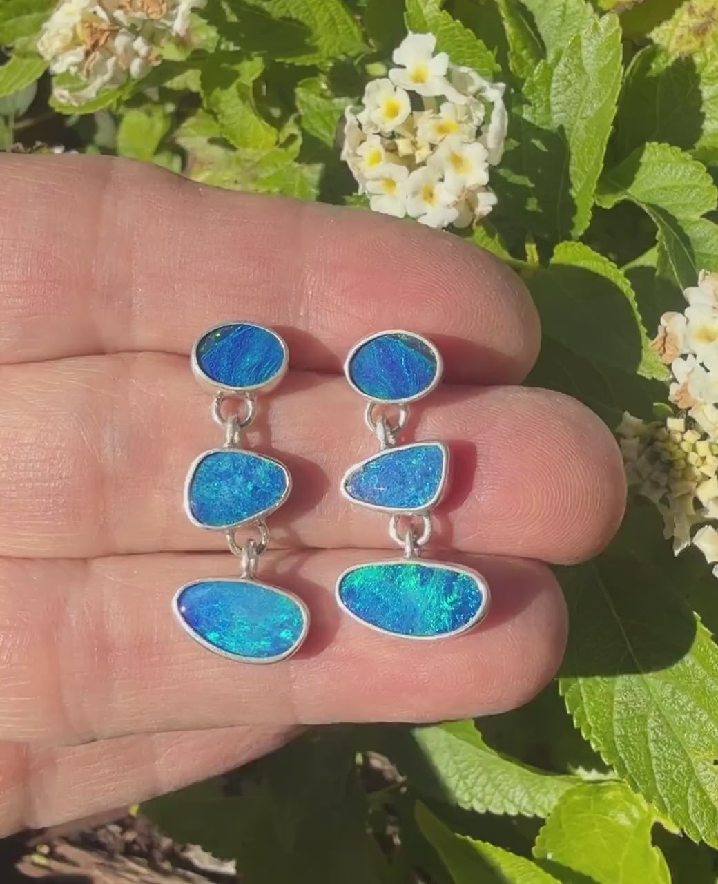 Australian Opal Earrings In Sterling Silver, Blue Stone Dangle Earrings