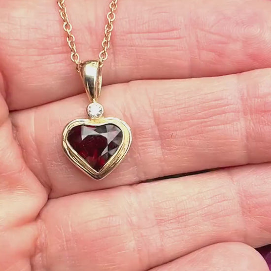 Garnet Heart Pendant with White Diamond in 14k Gold, Gemstone Heart Necklace in Solid Gold