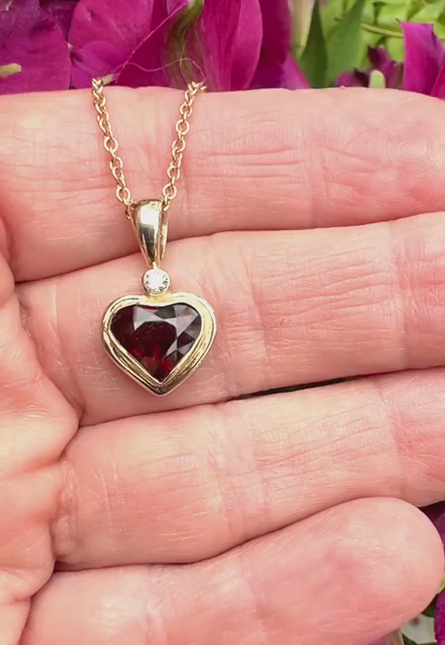 Garnet Heart Pendant with White Diamond in 14k Gold, Gemstone Heart Necklace in Solid Gold