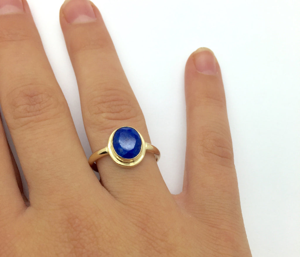 14K Gold Ring Lapis  Faceted Natural Blue Lapis Handmade Ring