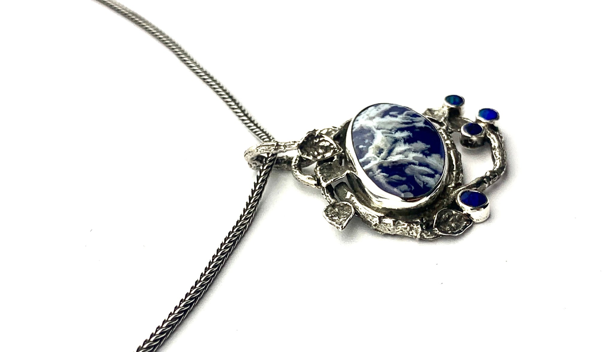 Lapis One of a Kind Necklace in Sterling Silver, Cloud Necklace with Australian Opals, Blue and White Necklace in Sterling Silver
