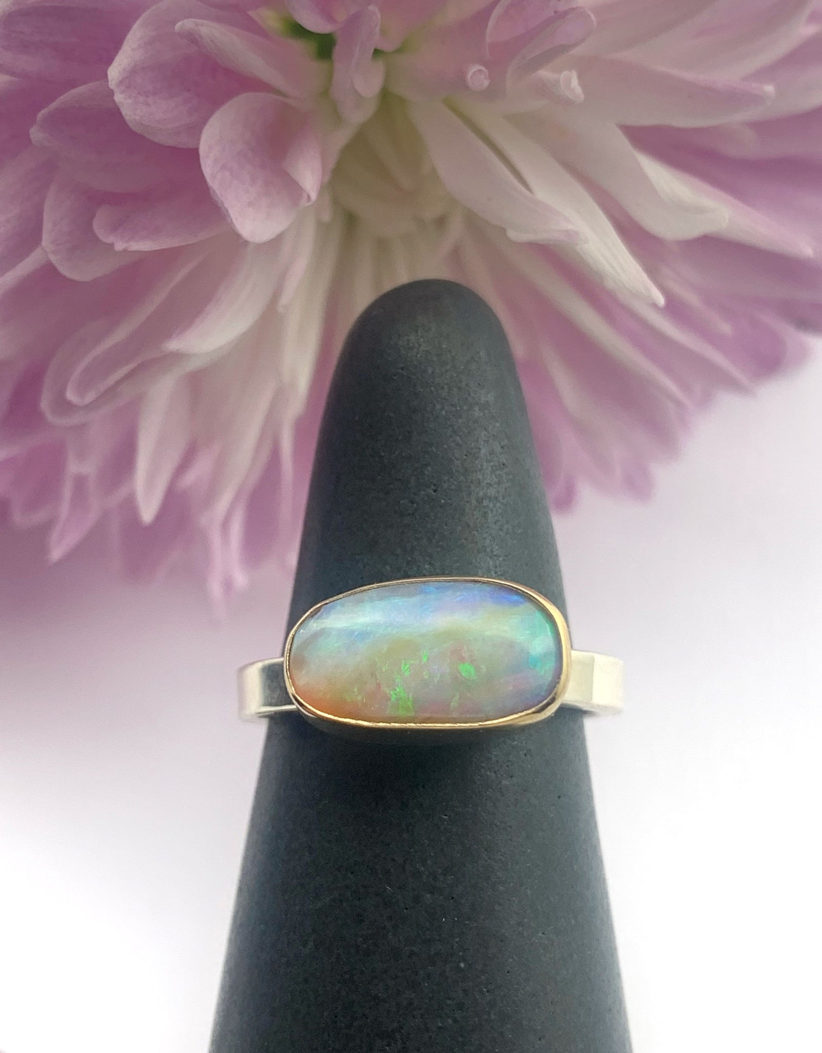 Australian Opal Ring with 14k bezels and Sterling Silver Band,Crystal Opal Ring,Solid Opal Ring in Gold and Silver, OOAK Opal Statement Ring