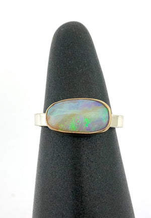 Australian Opal Ring with 14k bezels and Sterling Silver Band,Crystal Opal Ring,Solid Opal Ring in Gold and Silver, OOAK Opal Statement Ring