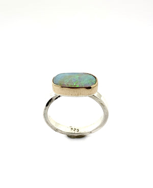 Australian Opal Ring with 14k bezels and Sterling Silver Band,Crystal Opal Ring,Solid Opal Ring in Gold and Silver, OOAK Opal Statement Ring