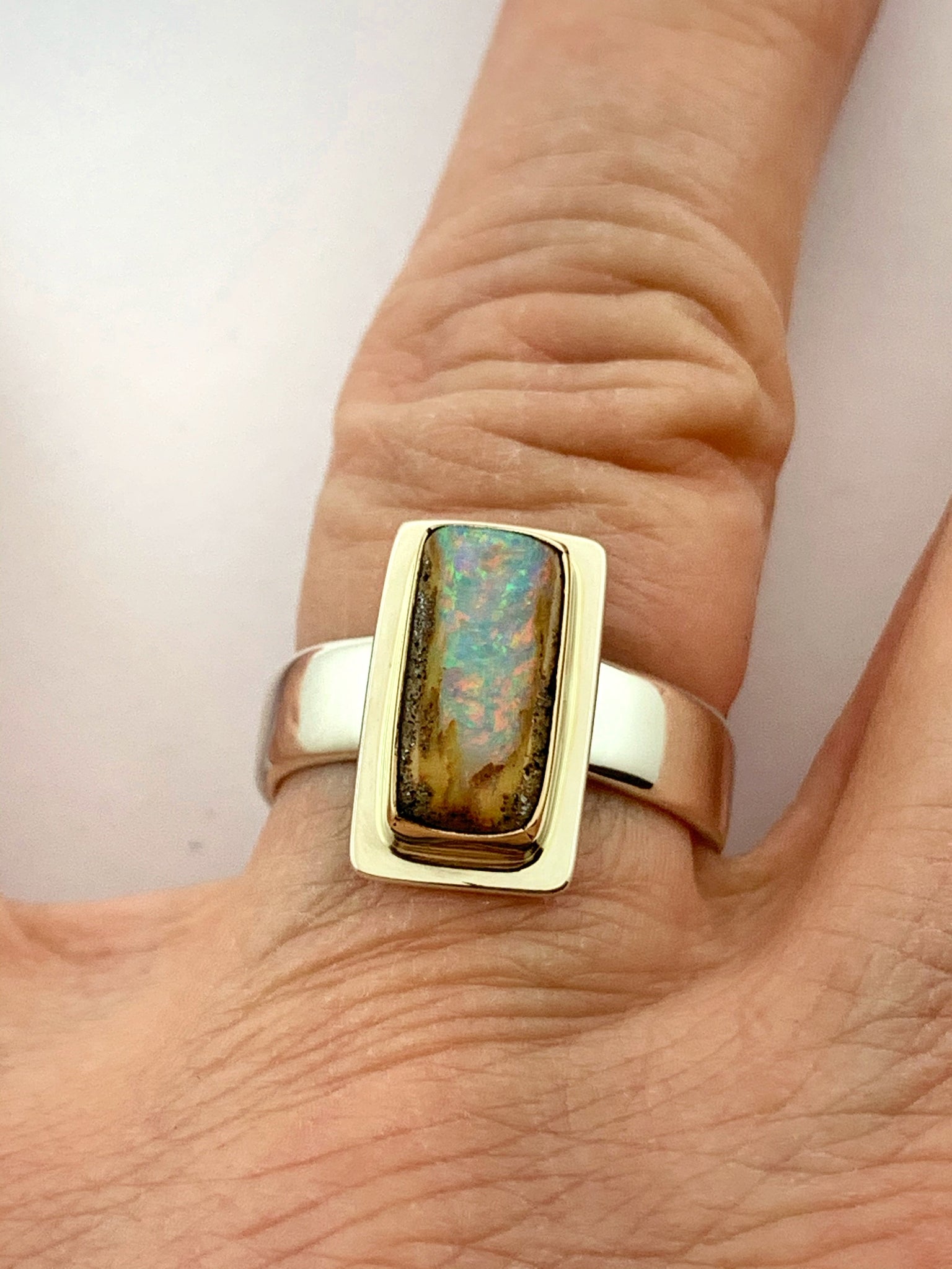 Australian Opal Gold and Sterling Silver Ring, Solid Opal Ring, October Birthstone, Crystal Pipe Opal Ring, Statement Ring