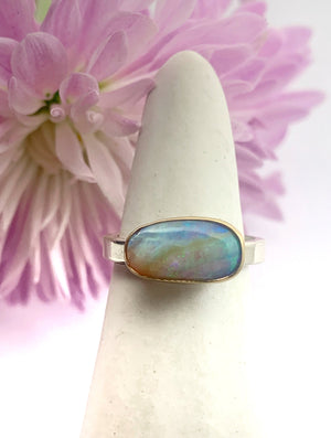 Australian Opal Ring with 14k bezels and Sterling Silver Band,Crystal Opal Ring,Solid Opal Ring in Gold and Silver, OOAK Opal Statement Ring