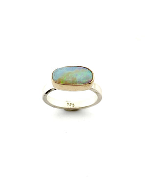 Australian Opal Ring with 14k bezels and Sterling Silver Band,Crystal Opal Ring,Solid Opal Ring in Gold and Silver, OOAK Opal Statement Ring