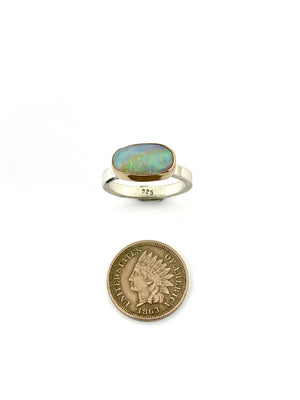 Australian Opal Ring with 14k bezels and Sterling Silver Band,Crystal Opal Ring,Solid Opal Ring in Gold and Silver, OOAK Opal Statement Ring