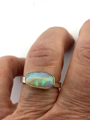 Australian Opal Ring with 14k bezels and Sterling Silver Band,Crystal Opal Ring,Solid Opal Ring in Gold and Silver, OOAK Opal Statement Ring