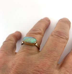 Australian Opal Ring with 14k bezels and Sterling Silver Band,Crystal Opal Ring,Solid Opal Ring in Gold and Silver, OOAK Opal Statement Ring