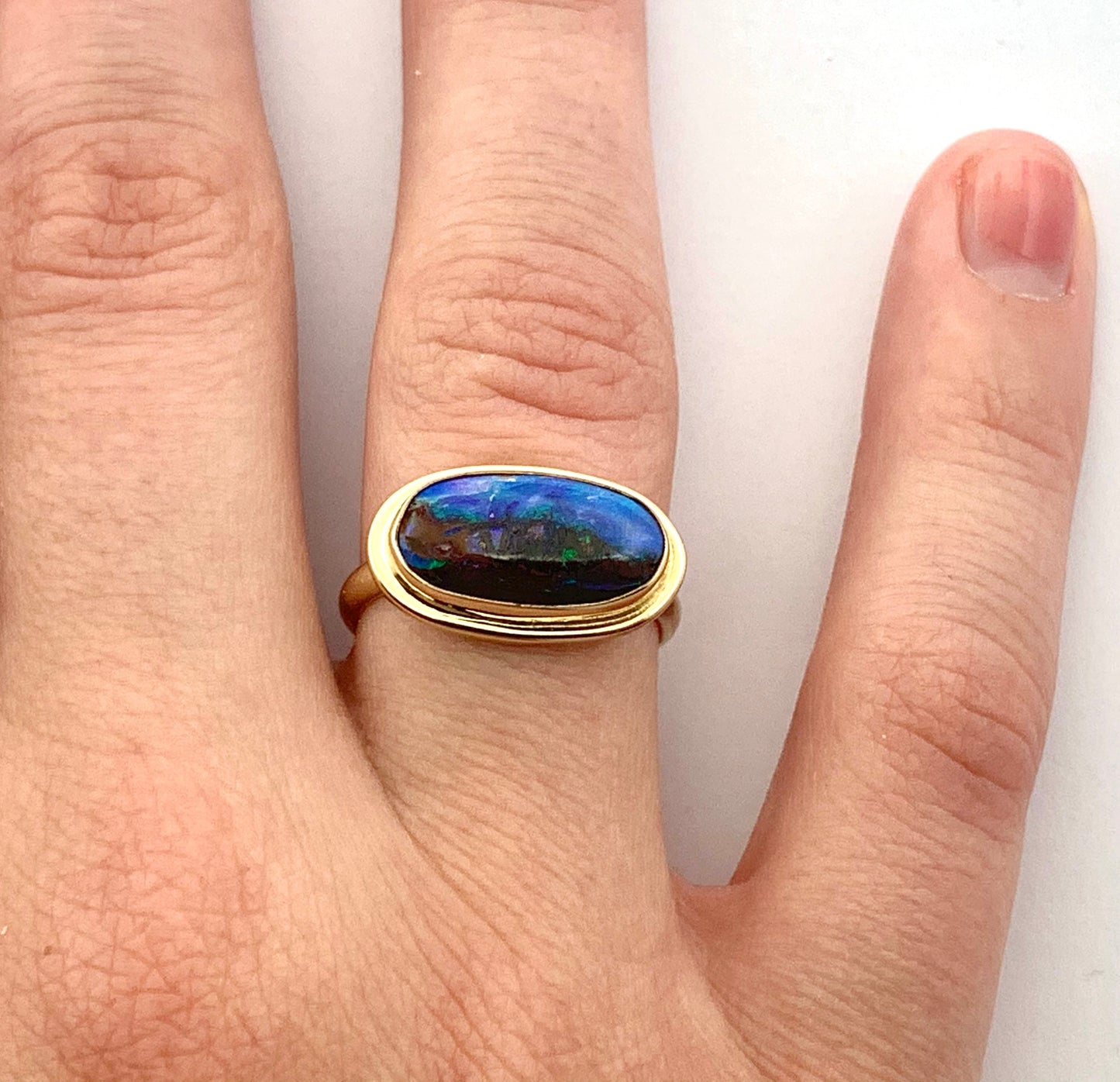 Australian Opal Gold Ring, Solid Opal Statement Ring, OOAK Gemstone Ring, October Birthstone Ring in 14k, Landscape Opal Ladies Ring