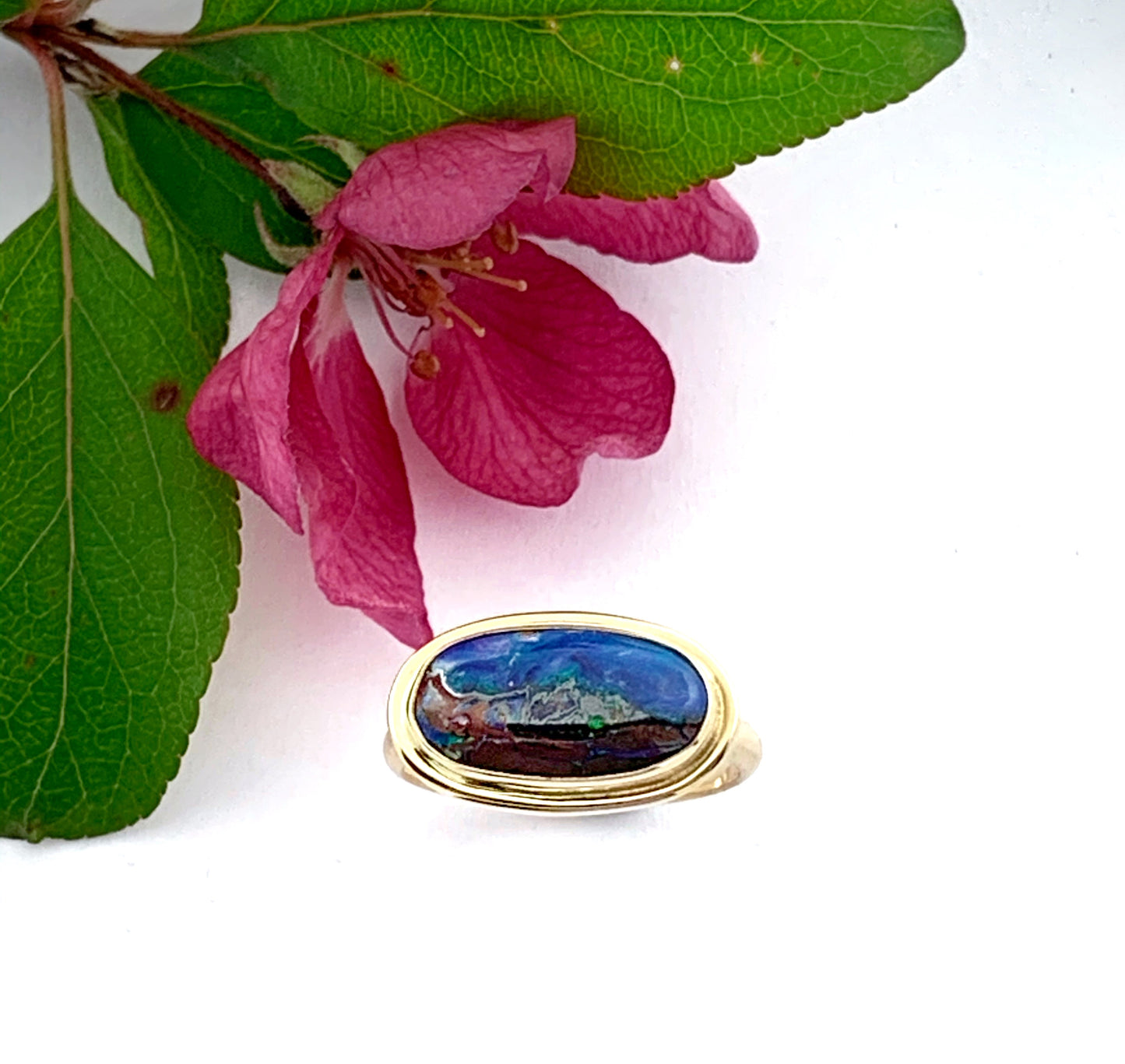 Australian Opal Gold Ring, Solid Opal Statement Ring, OOAK Gemstone Ring, October Birthstone Ring in 14k, Landscape Opal Ladies Ring