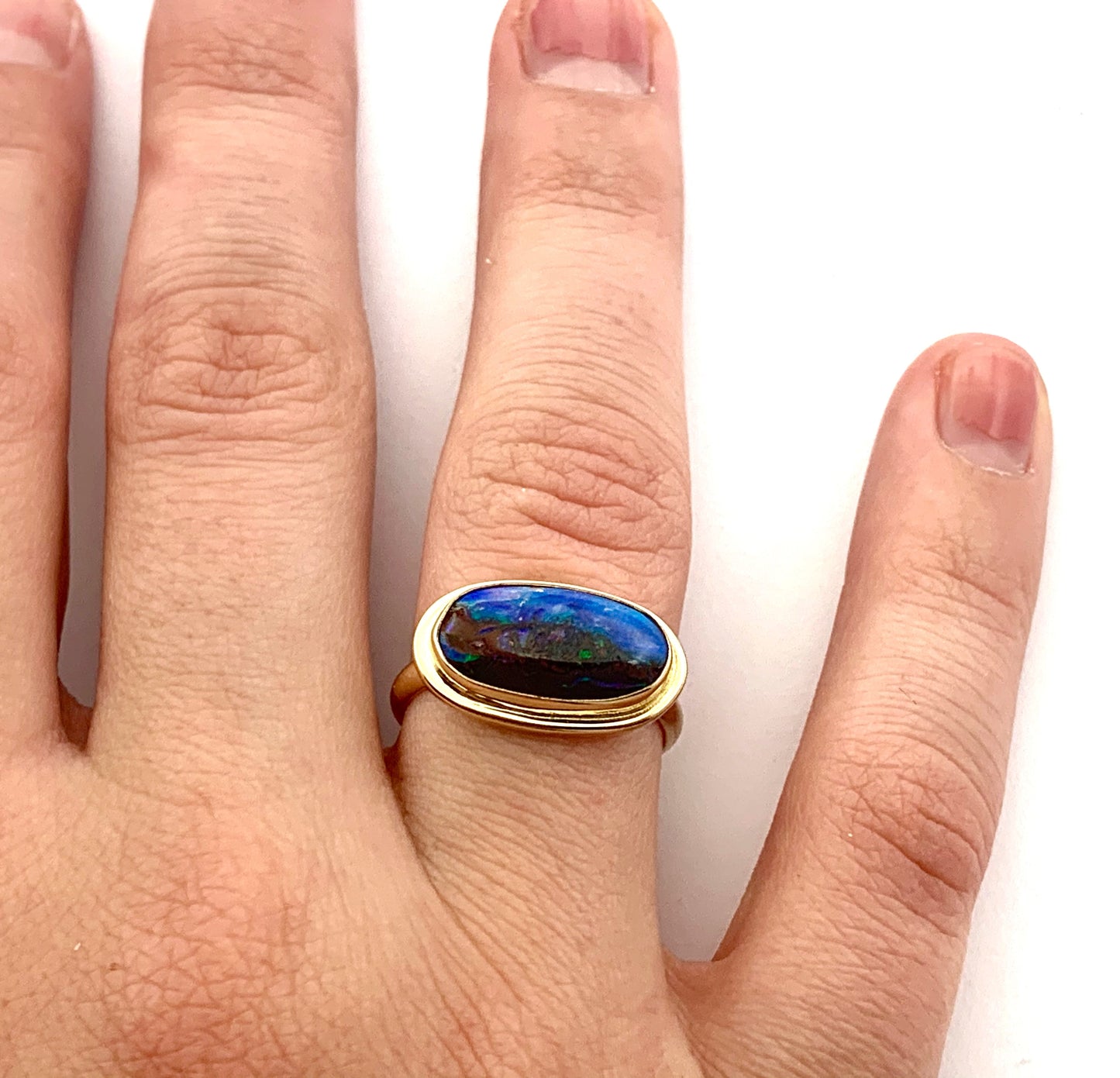 Australian Opal Gold Ring, Solid Opal Statement Ring, OOAK Gemstone Ring, October Birthstone Ring in 14k, Landscape Opal Ladies Ring