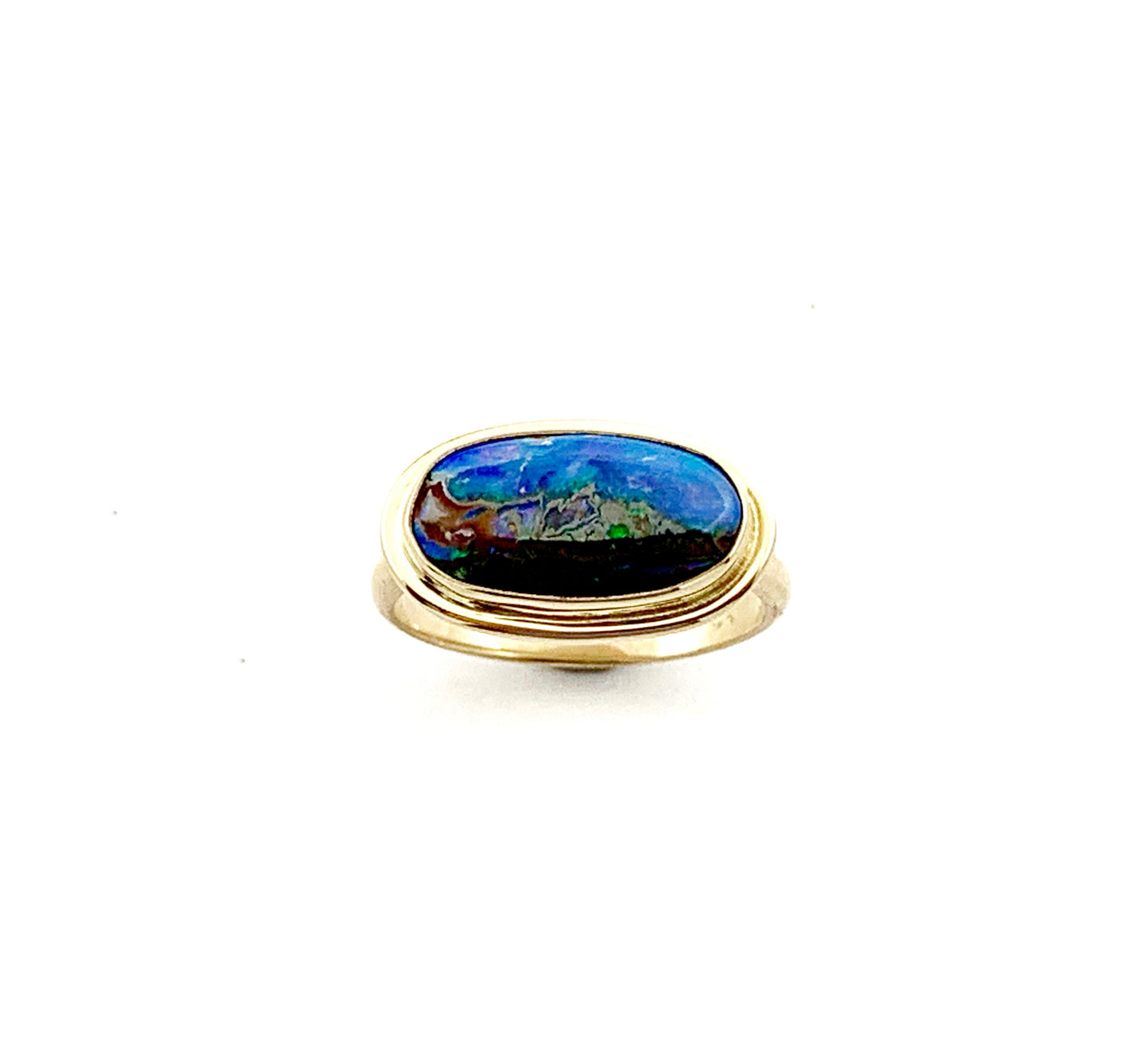 Australian Opal Gold Ring, Solid Opal Statement Ring, OOAK Gemstone Ring, October Birthstone Ring in 14k, Landscape Opal Ladies Ring