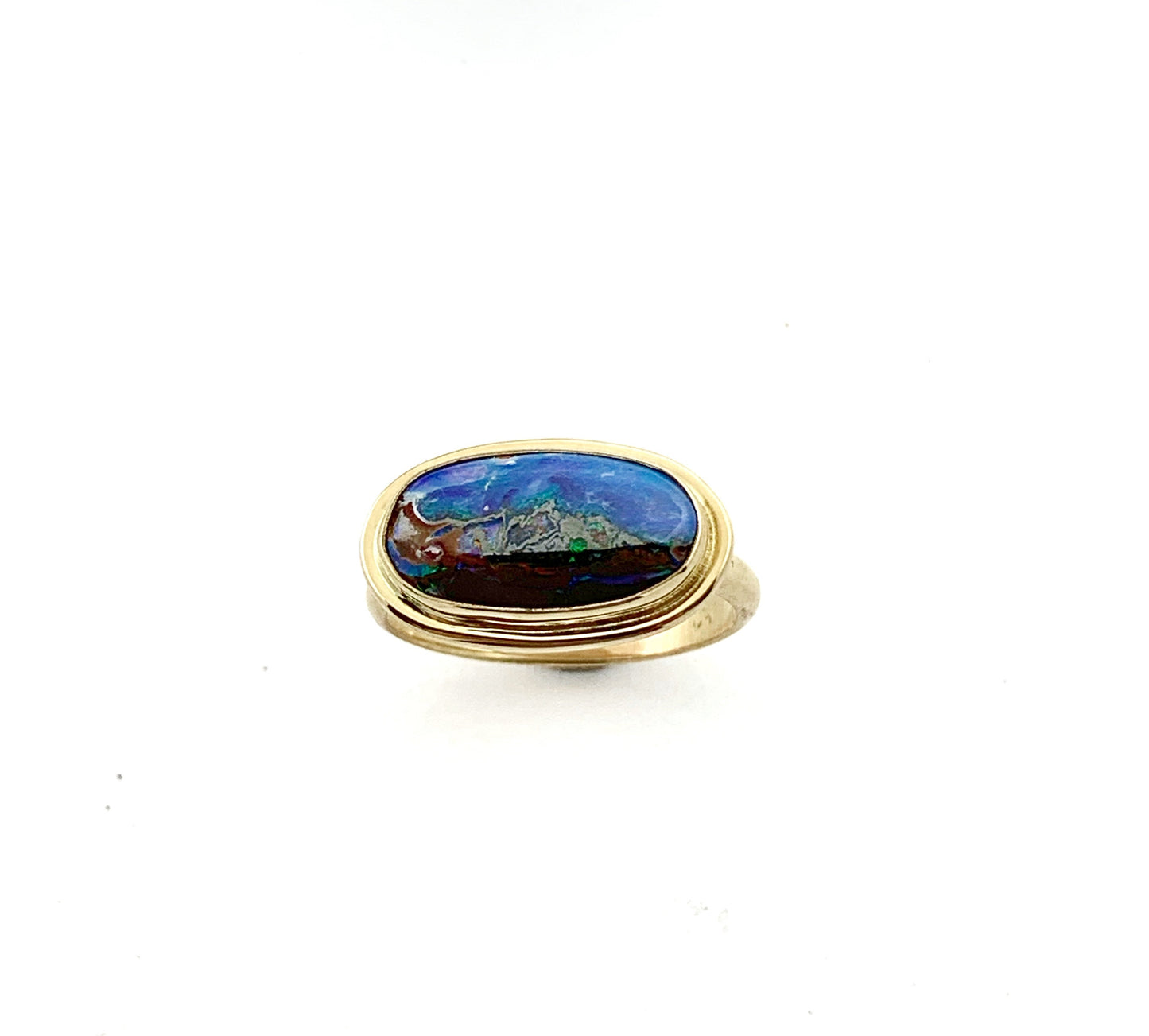 Australian Opal Gold Ring, Solid Opal Statement Ring, OOAK Gemstone Ring, October Birthstone Ring in 14k, Landscape Opal Ladies Ring