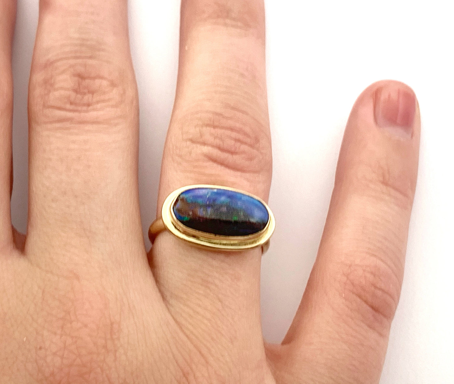 Australian Opal Gold Ring, Solid Opal Statement Ring, OOAK Gemstone Ring, October Birthstone Ring in 14k, Landscape Opal Ladies Ring