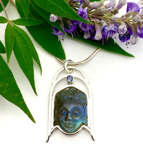 Labradorite Buddha Pendant, Carved Stone Necklace, Labradorite and Tanzanite Pendant, OOAK Natural Stone Pendant in Sterling Silver