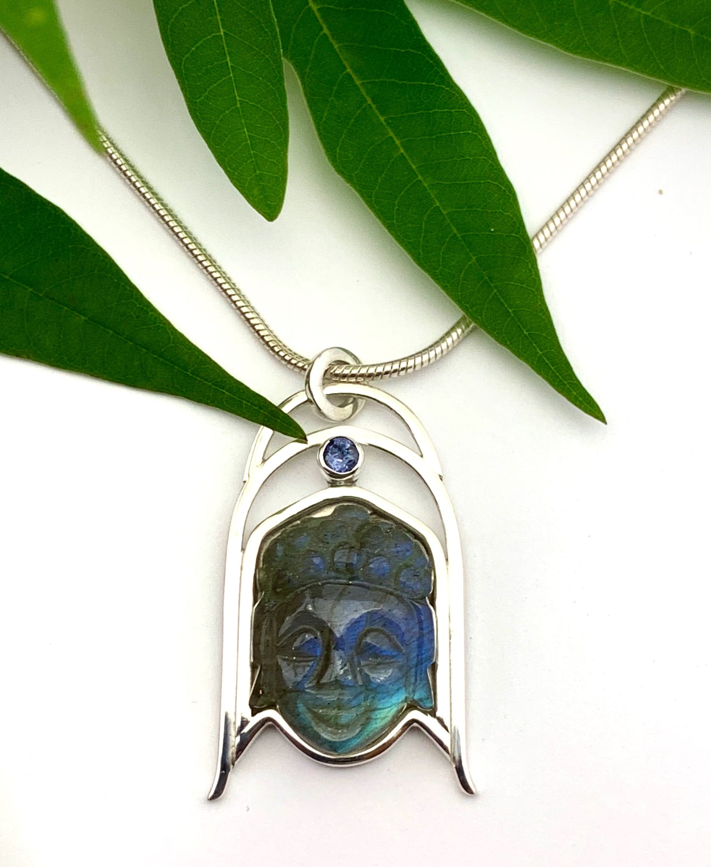 Labradorite Buddha Pendant, Carved Stone Necklace, Labradorite and Tanzanite Pendant, OOAK Natural Stone Pendant in Sterling Silver