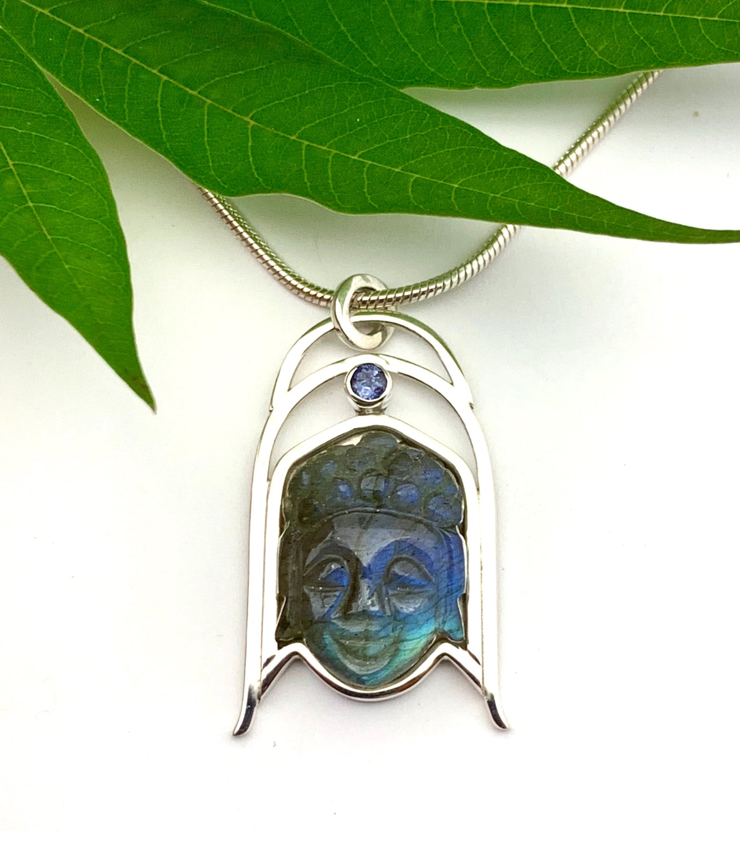 Labradorite Buddha Pendant, Carved Stone Necklace, Labradorite and Tanzanite Pendant, OOAK Natural Stone Pendant in Sterling Silver