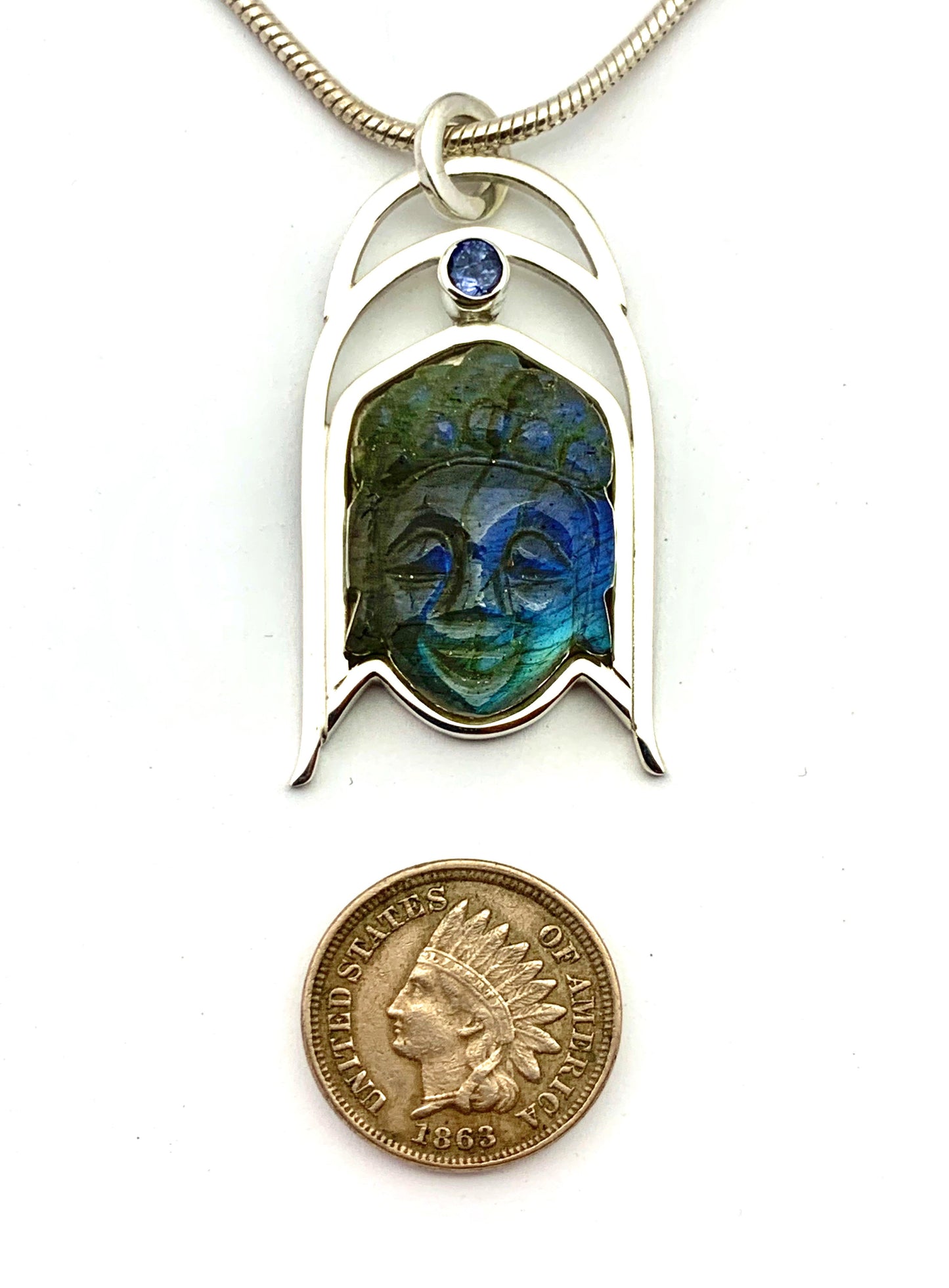 Labradorite Buddha Pendant, Carved Stone Necklace, Labradorite and Tanzanite Pendant, OOAK Natural Stone Pendant in Sterling Silver