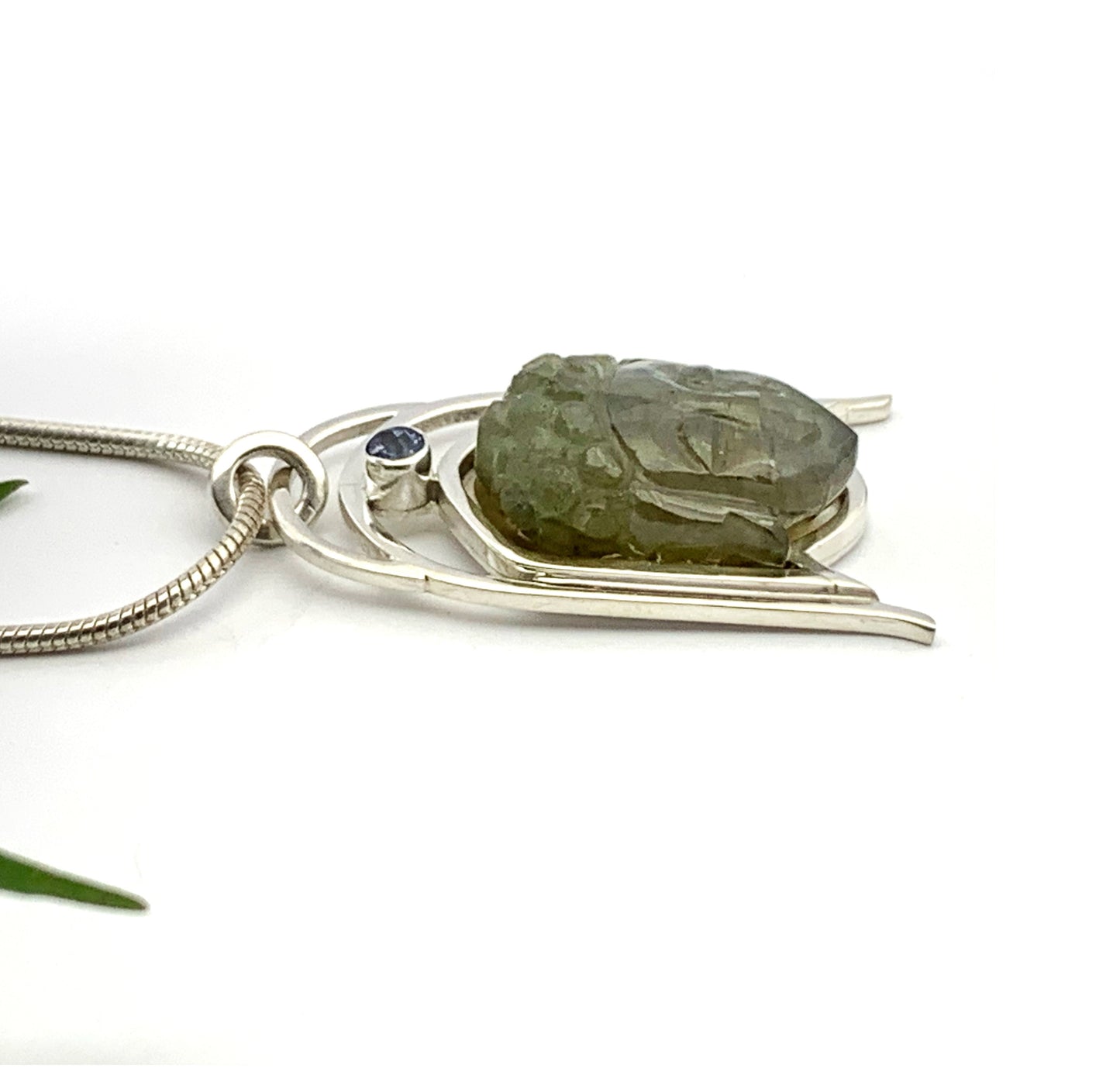 Labradorite Buddha Pendant, Carved Stone Necklace, Labradorite and Tanzanite Pendant, OOAK Natural Stone Pendant in Sterling Silver