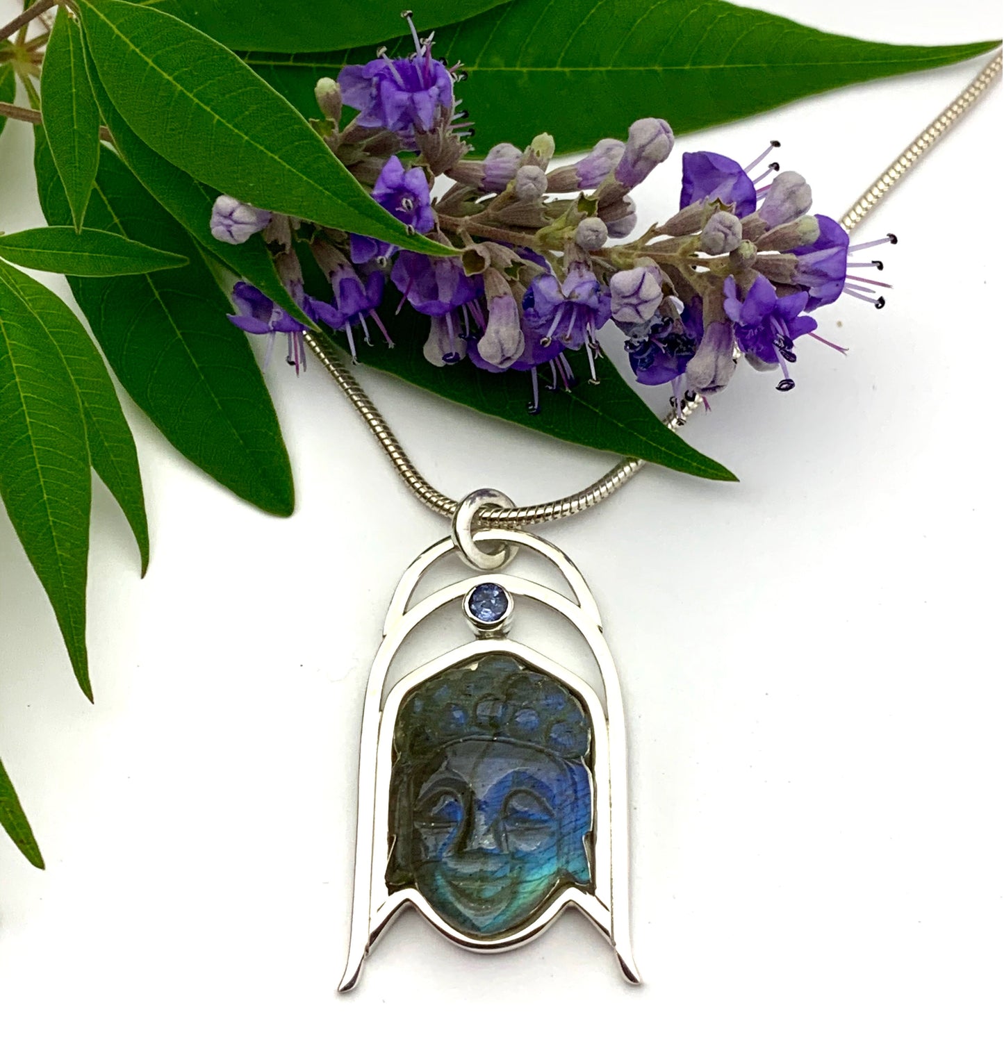 Labradorite Buddha Pendant, Carved Stone Necklace, Labradorite and Tanzanite Pendant, OOAK Natural Stone Pendant in Sterling Silver