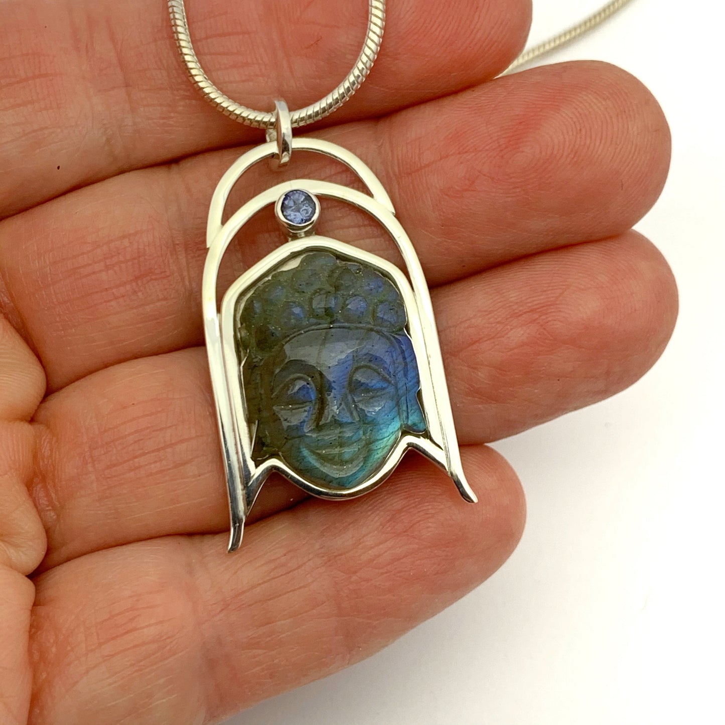 Labradorite Buddha Pendant, Carved Stone Necklace, Labradorite and Tanzanite Pendant, OOAK Natural Stone Pendant in Sterling Silver