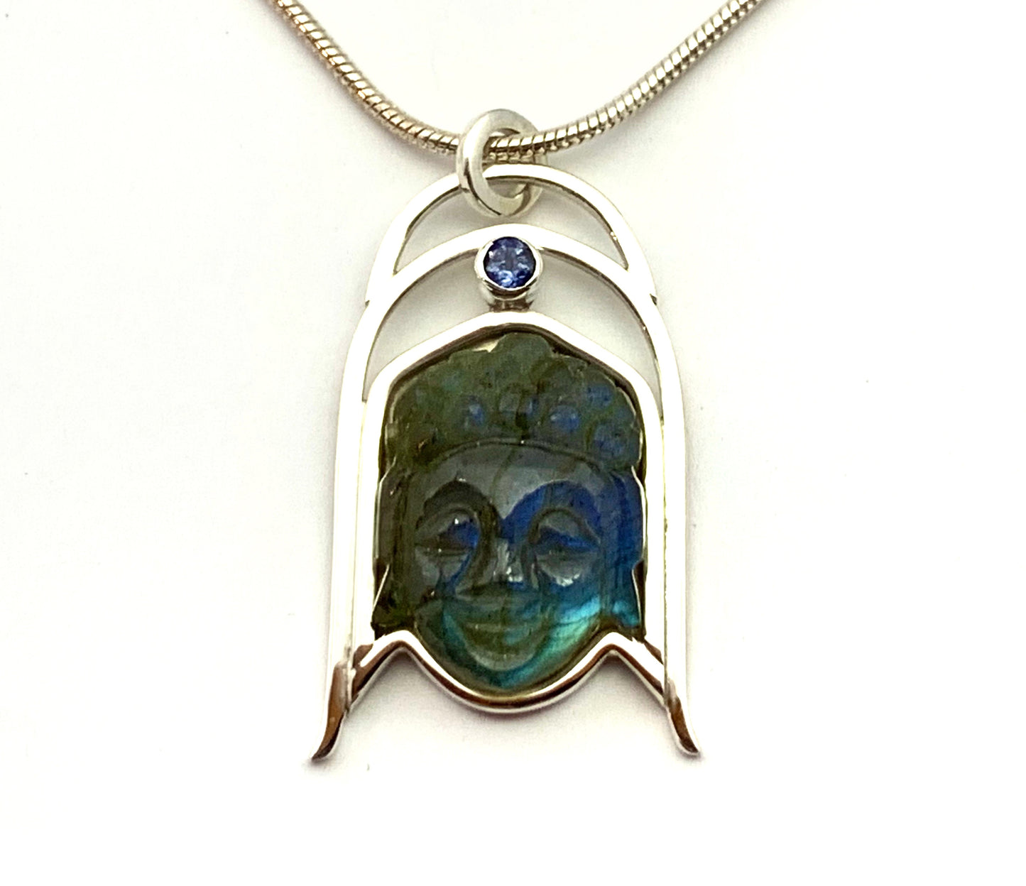 Labradorite Buddha Pendant, Carved Stone Necklace, Labradorite and Tanzanite Pendant, OOAK Natural Stone Pendant in Sterling Silver