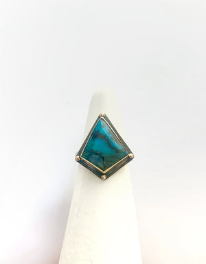 Indonesian Opalized Wood Ring with 14k gold details,  Opal and 14k Gold Ring, Blue Stone Statement Ring