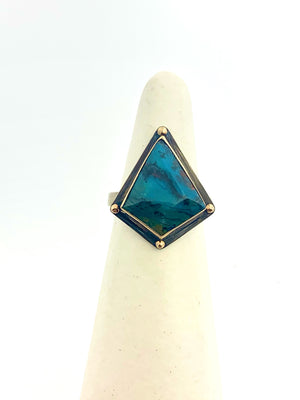 Indonesian Opalized Wood Ring with 14k gold details,  Opal and 14k Gold Ring, Blue Stone Statement Ring