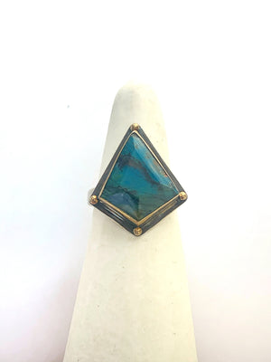 Indonesian Opalized Wood Ring with 14k gold details,  Opal and 14k Gold Ring, Blue Stone Statement Ring