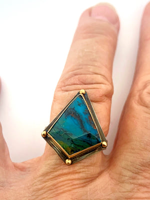 Indonesian Opalized Wood Ring with 14k gold details,  Opal and 14k Gold Ring, Blue Stone Statement Ring