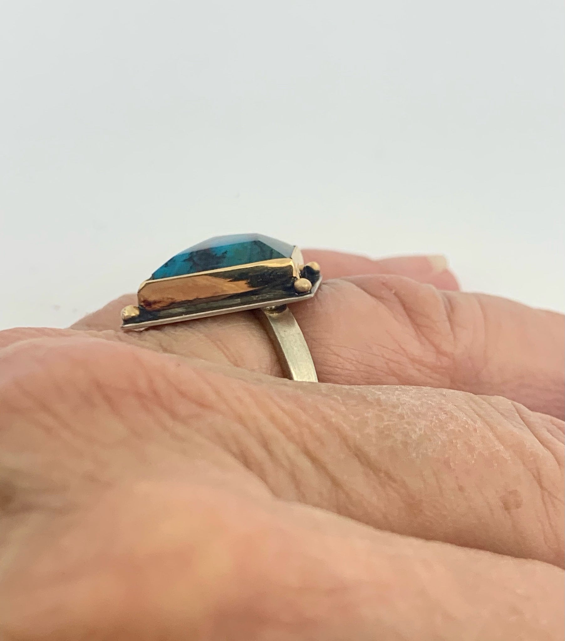 Indonesian Opalized Wood Ring with 14k gold details,  Opal and 14k Gold Ring, Blue Stone Statement Ring