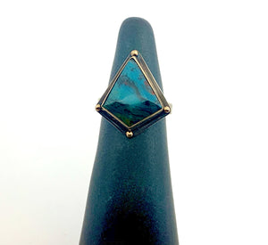 Indonesian Opalized Wood Ring with 14k gold details,  Opal and 14k Gold Ring, Blue Stone Statement Ring