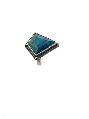 Indonesian Opalized Wood Ring with 14k gold details,  Opal and 14k Gold Ring, Blue Stone Statement Ring