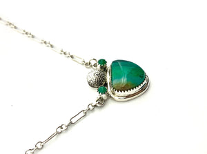 Indonesian Opalized Wood Necklace with Emerald Accents, Sea Shell Pendant with Gemstones