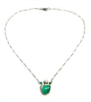 Indonesian Opalized Wood Necklace with Emerald Accents, Sea Shell Pendant with Gemstones