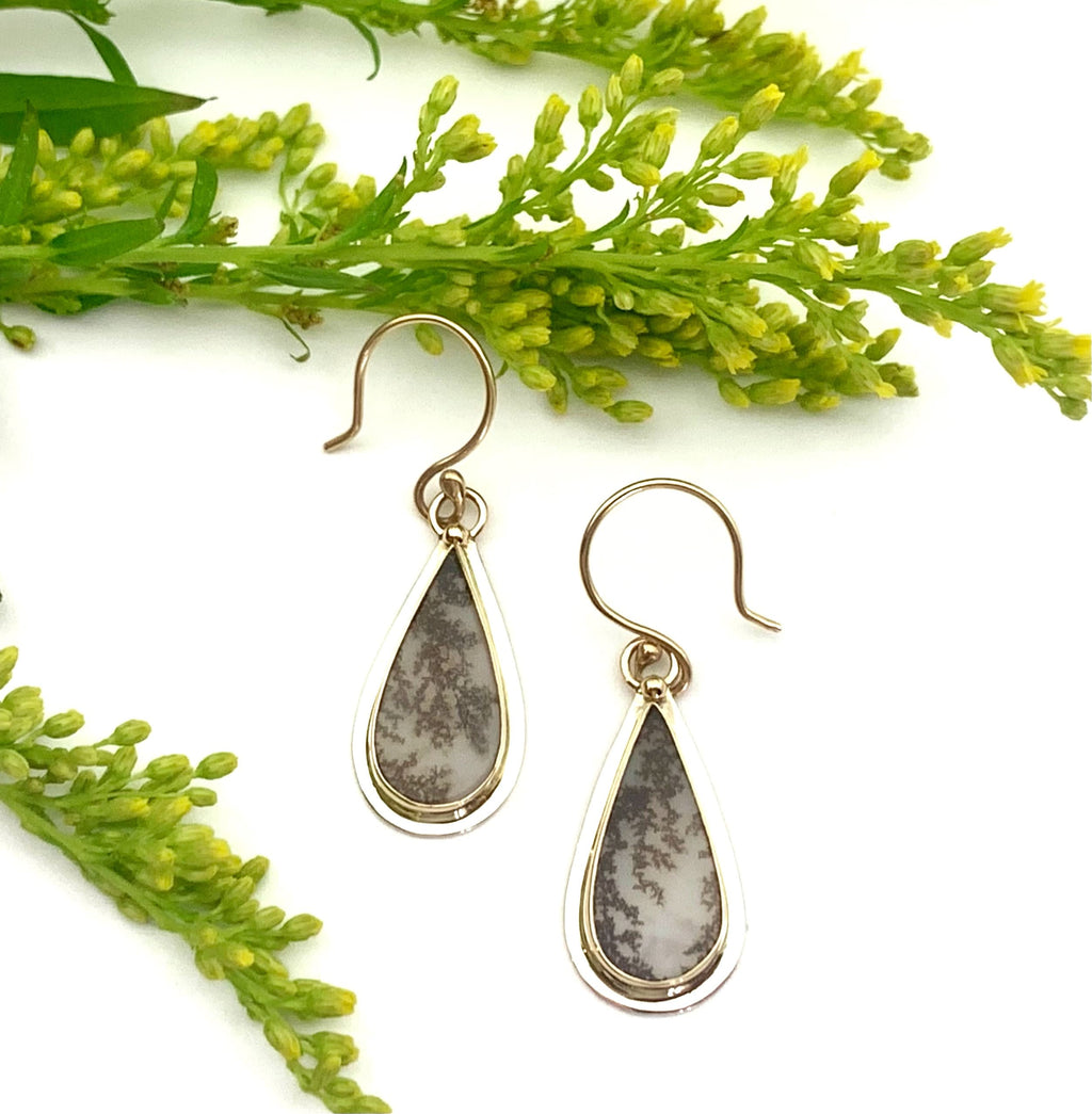 Dendritic Agate Earrings in Silver and Gold, Nature Jewelry Dangle Earrings, Garden Lover Earrings