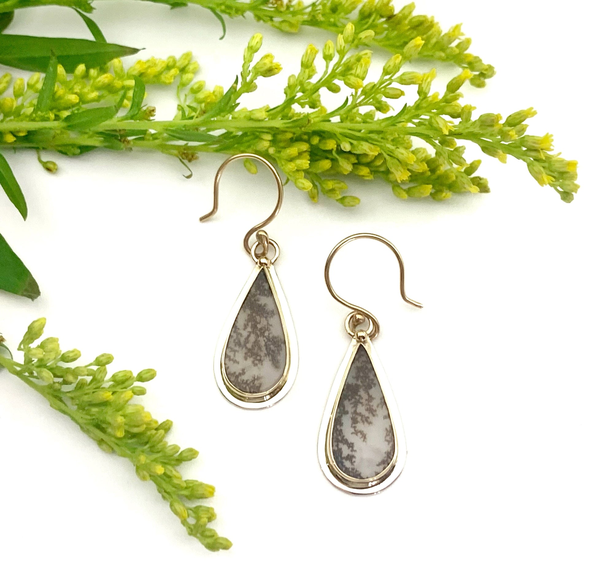 Dendritic Agate Earrings in Silver and Gold, Nature Jewelry Dangle Earrings, Garden Lover Earrings