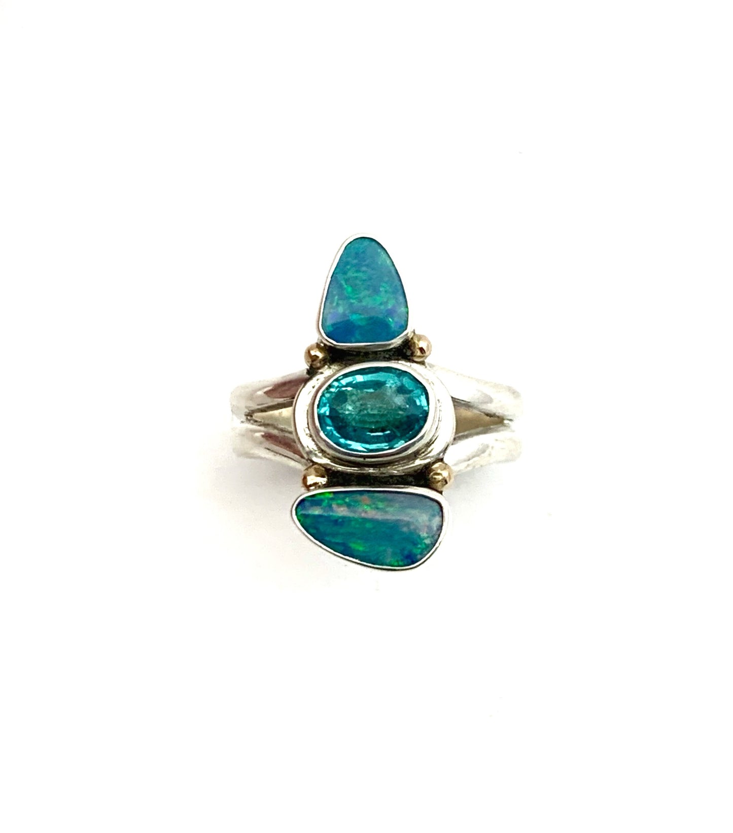 Australian Opal and Apatite Ring, Multi Blue Gemstone Ring, Boho Style Aqua Ring