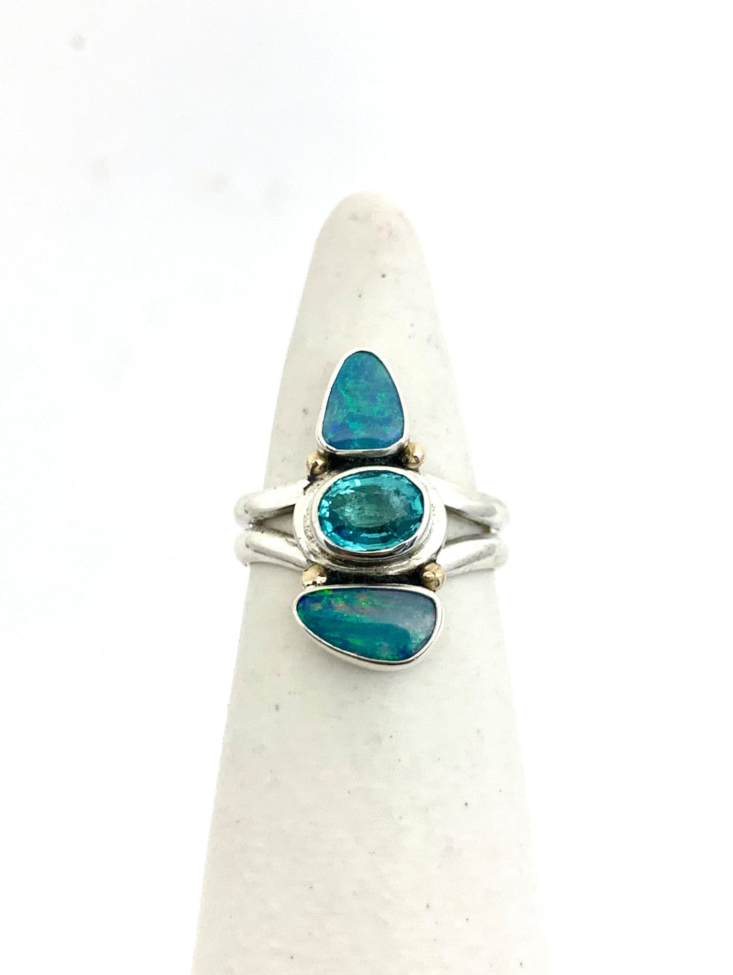 Australian Opal and Apatite Ring, Multi Blue Gemstone Ring, Boho Style Aqua Ring