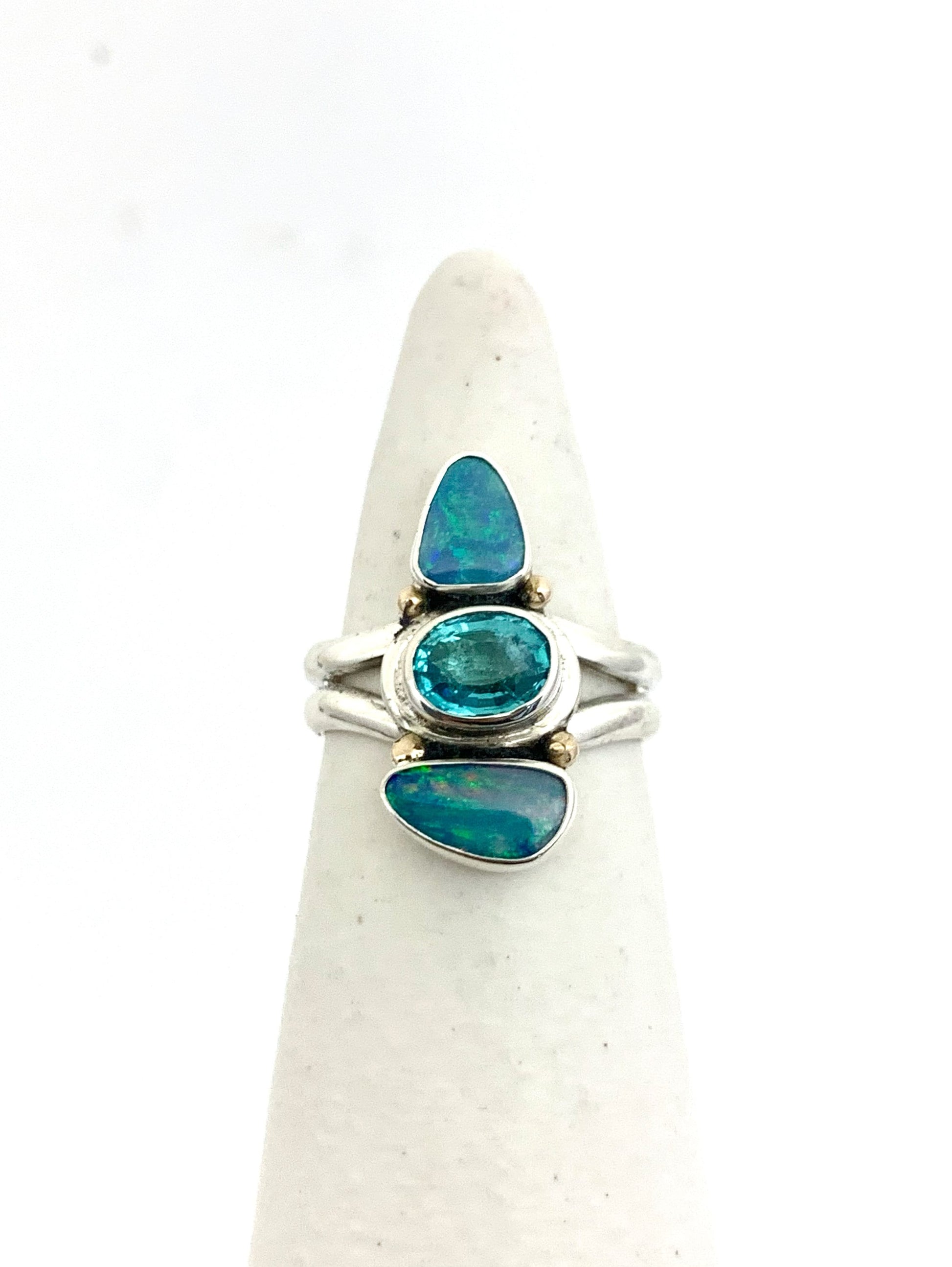 Australian Opal and Apatite Ring, Multi Blue Gemstone Ring, Boho Style Aqua Ring