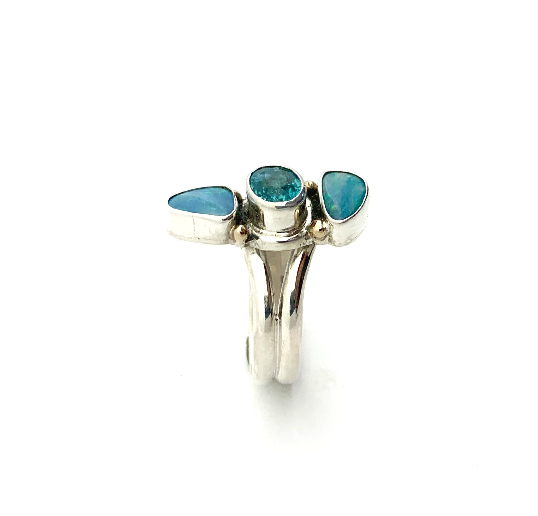 Australian Opal and Apatite Ring, Multi Blue Gemstone Ring, Boho Style Aqua Ring