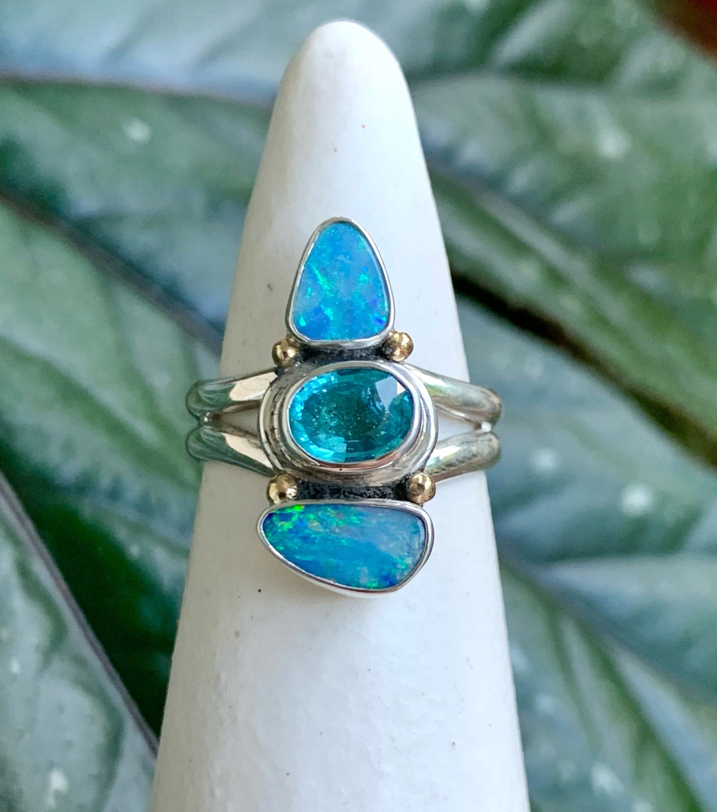 Australian Opal and Apatite Ring, Multi Blue Gemstone Ring, Boho Style Aqua Ring