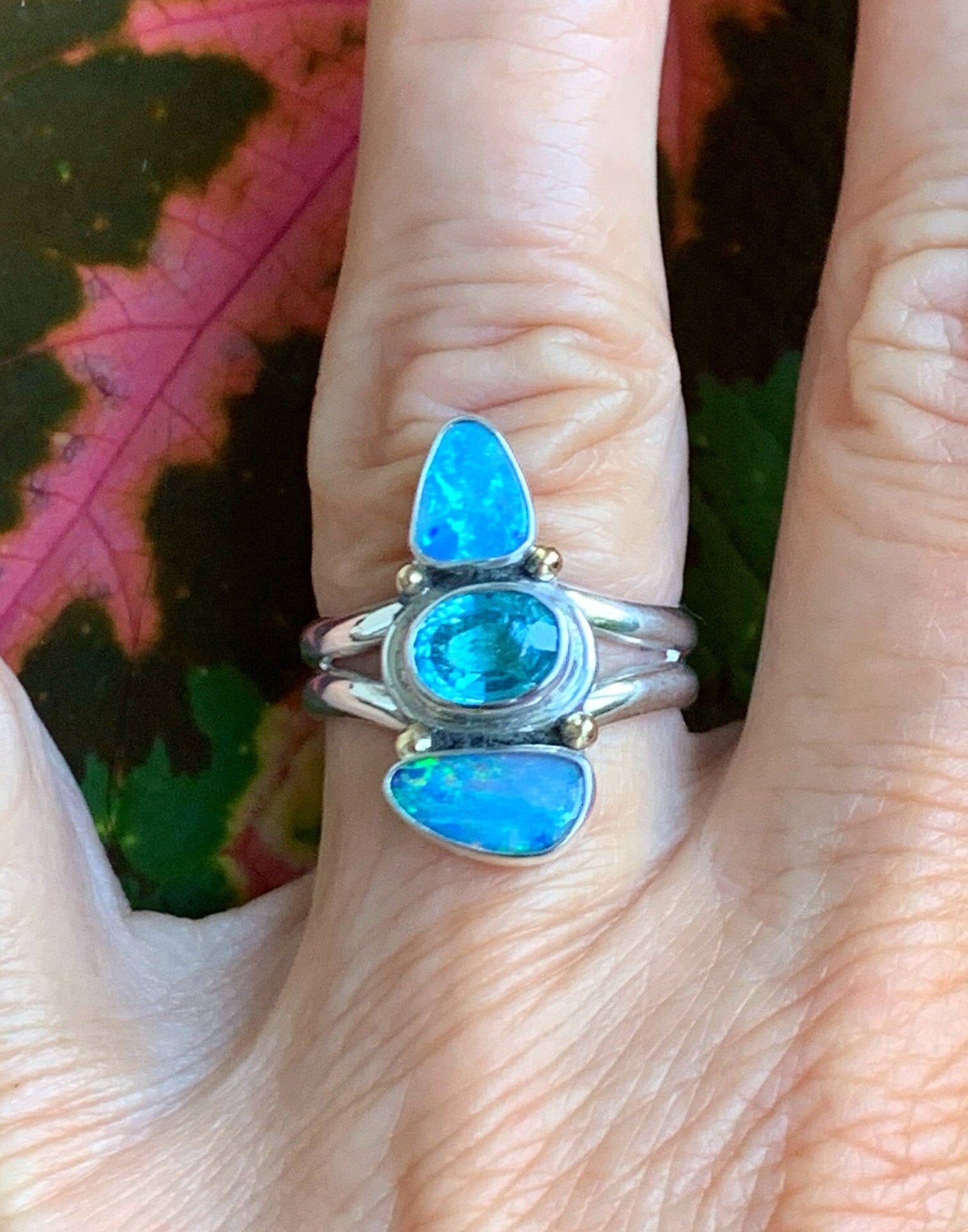 Australian Opal and Apatite Ring, Multi Blue Gemstone Ring, Boho Style Aqua Ring