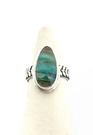 Indonesian Opalized Wood Ring in Sterling Silver, Blue and Green Statement Ring, Scenic Stone Ring