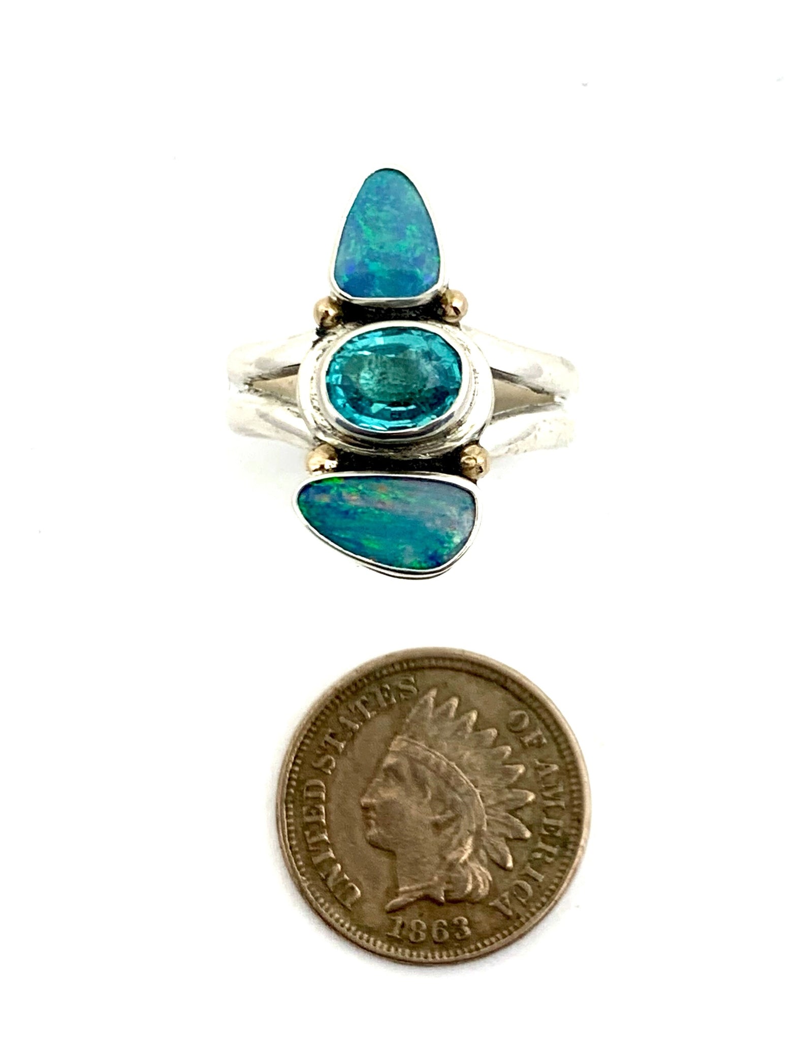 Australian Opal and Apatite Ring, Multi Blue Gemstone Ring, Boho Style Aqua Ring