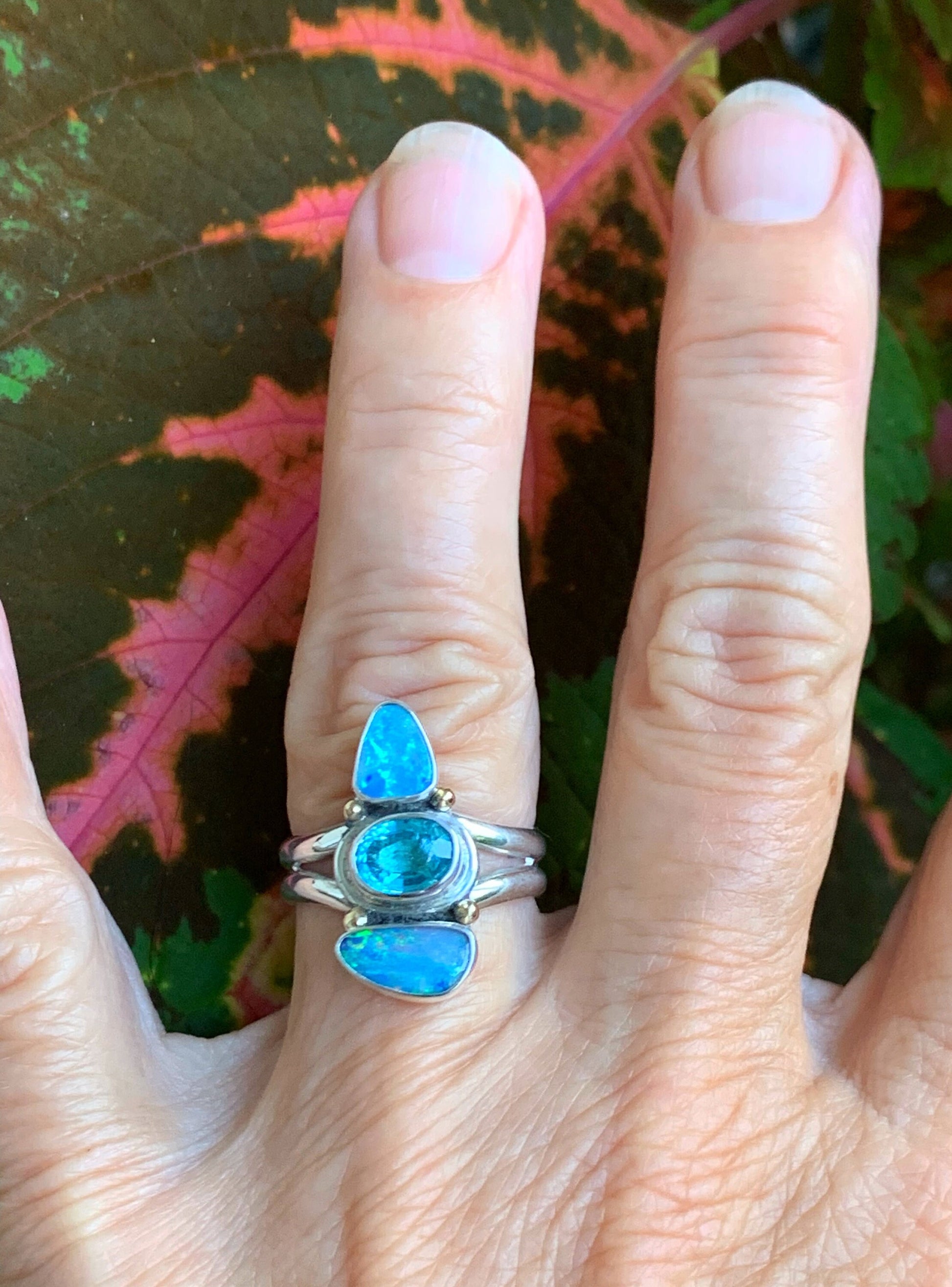 Australian Opal and Apatite Ring, Multi Blue Gemstone Ring, Boho Style Aqua Ring