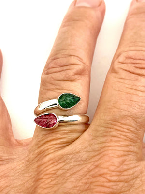 Tourmaline Leaf Adjustable Rings in Sterling Silver, October birthstone gift